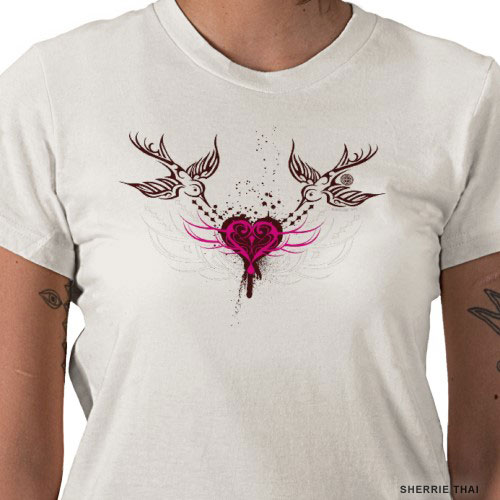 Tribal Sparrows and Heart T-Shirt by sherrie thai of shaire productions