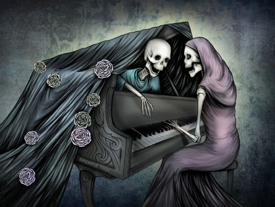 Skeletons Playing Piano Duet, Art by Sherrie Thai of Shaireproductions.com