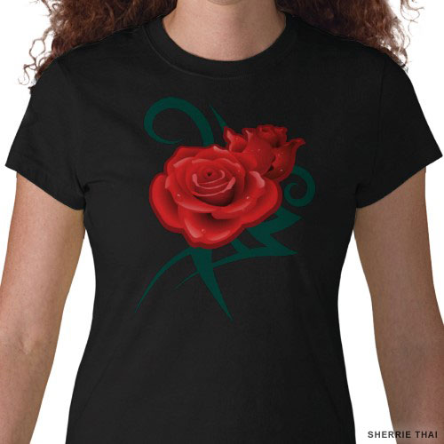Red Roses with Green Tattoo Tribal Design T-Shirt