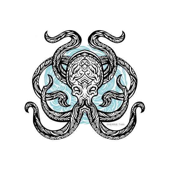 Tribal octopus tattoo design, art by Sherrie Thai of Shaireproductions.com