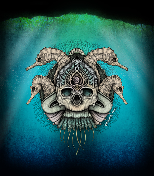 underwater sea skull, art by Sherrie Thai of Shaireproductions.com
