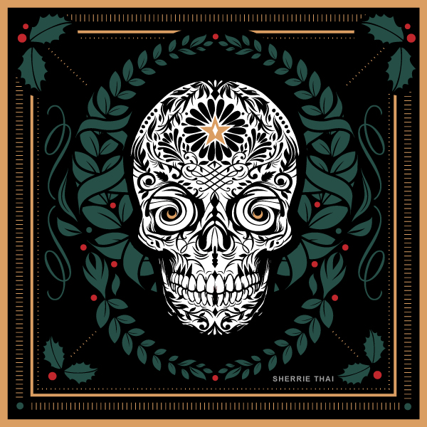 Christmas Day of the Dead Skull Wreath, Digital Art by Sherrie Thai Shaireproductions.com