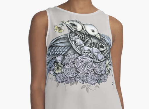 Skeleton Bird Lovers Tank Shirt, art by Sherrie Thai of Shaireproductions.com