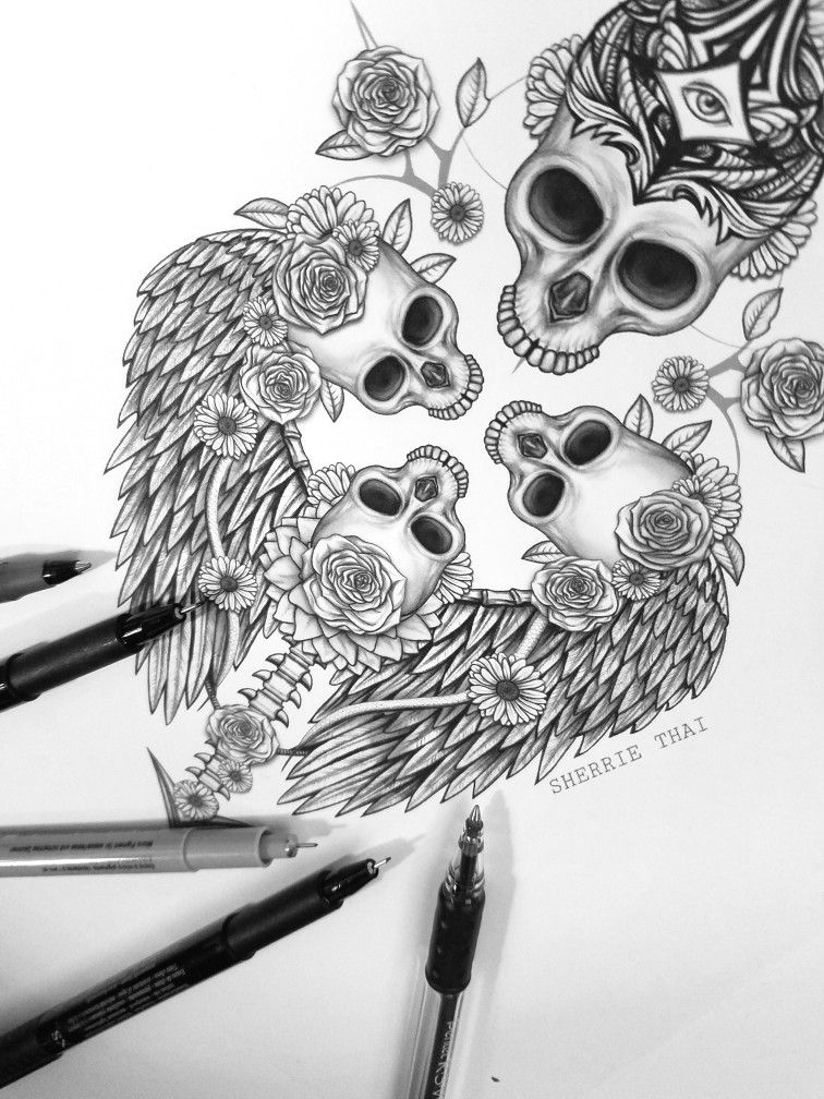 Gothic Ritual Death Skulls wip drawing, dark asian gothic art by Sherrie Thai of Shaireproductions.com