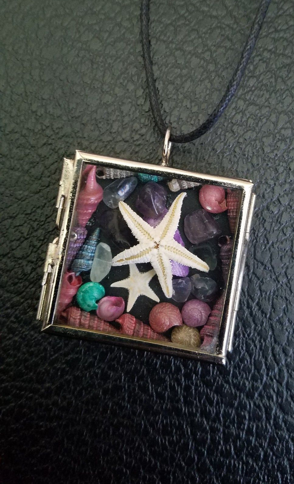 Mini Real Dried Starfish Seashell Amethyst Collage Pendant Necklace 1, art by Sherrie Thai of Shaireproductions.com