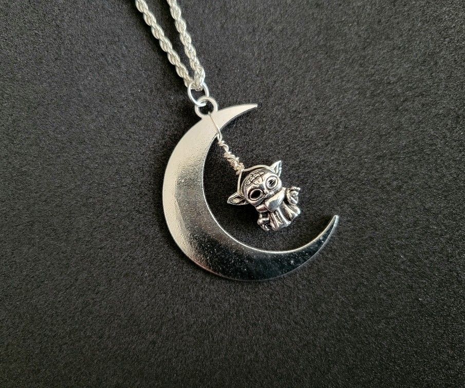 handmade baby yoda grogu moon necklace, art by Sherrie Thai of Shaireproductions.com