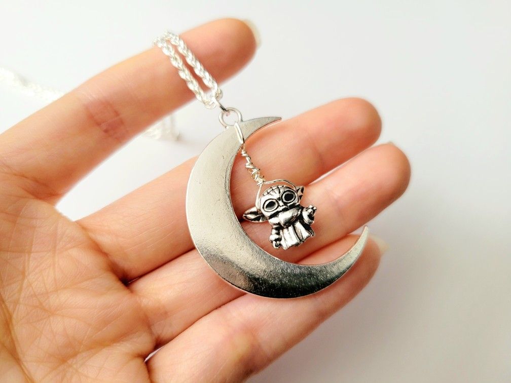 handmade baby yoda grogu moon necklace 2, art by Sherrie Thai of Shaireproductions.com