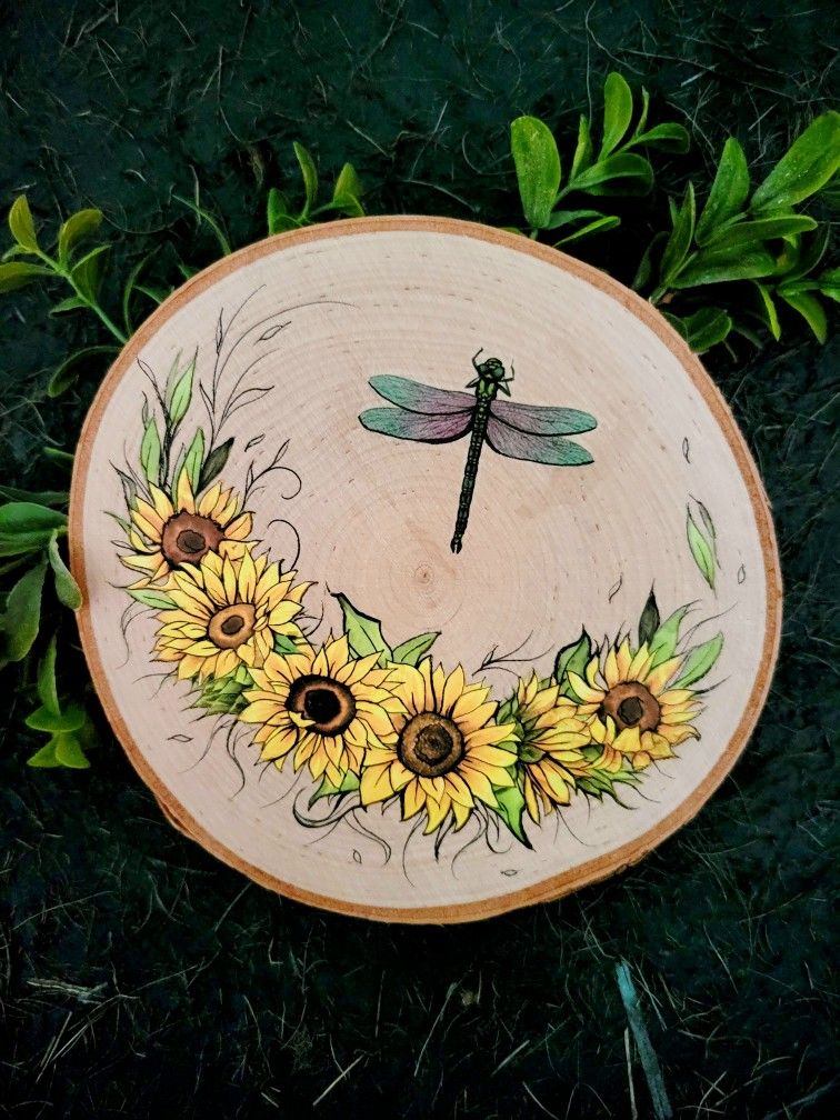 dragonfly sunflowers decor on wood, art by Sherrie Thai of Shaireproductions.com