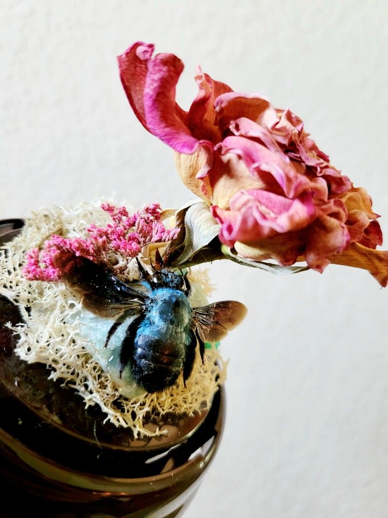 blue carpenter bee rose decor, art by Sherrie Thai of Shaireproductions.com