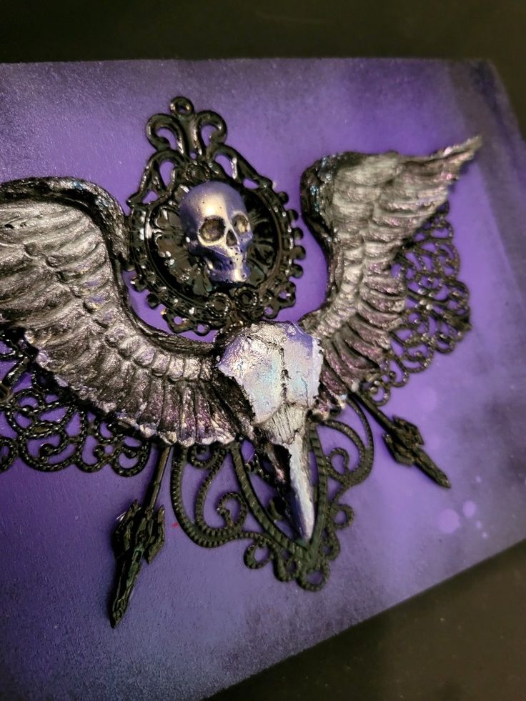 Purple Victorian Raven Skull with Wings Decor, art by Sherrie Thai of Shaireproductions.com