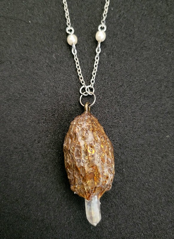 morel mushroom crystal pendant necklace, art by sherrie thai of shaireproductions
