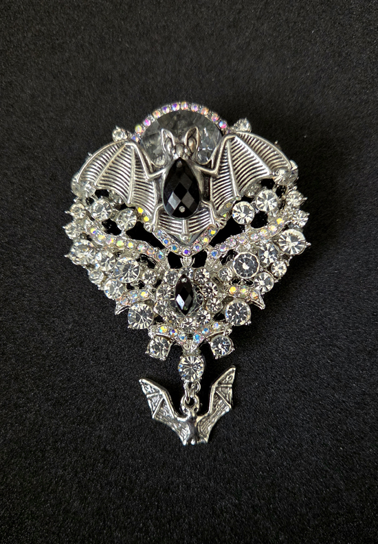 rhinestone bat brooch, art by sherrie thai of shaireproductions