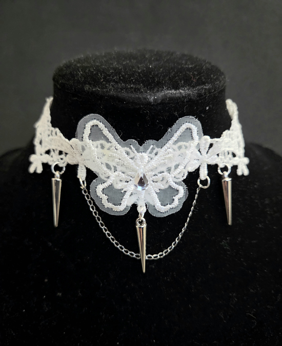 white butterfly spike choker necklace, art by sherrie thai of shaireproductions